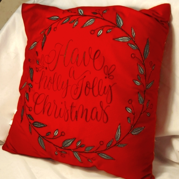 2 Christmas Throw Pillows Pair Holiday Velour Embroidered - Picture 6 of 8